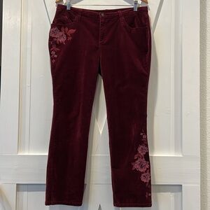 Sundance Posh Velveteen Embroidered Red Burgundy Wine Straight Jeans Size 31